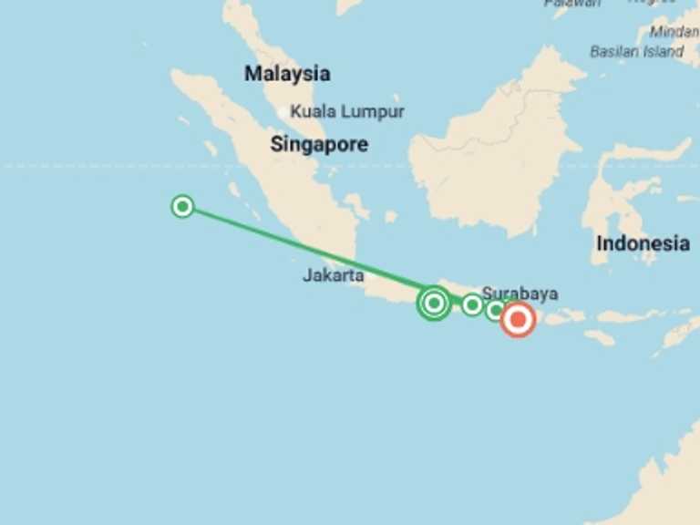 Map itinerary of South East Asia Tour in April 2026 with 10 destination visits for the trip: Exotic Java and Bali