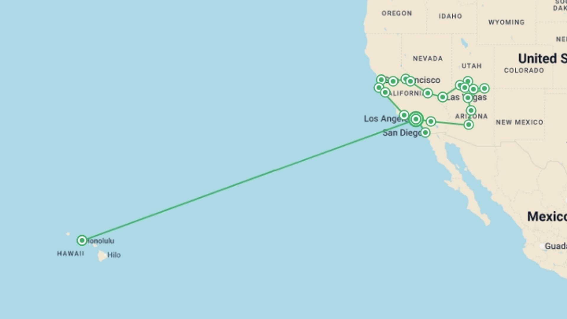 A map showing the tour itinerary for the trip: Aloha Discovery - Honolulu Option with Airfare, starting in Los Angeles, USA and ending in Los Angeles, USA going through 11 other destinations.