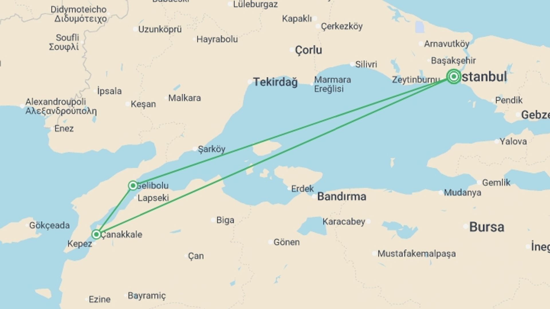 A map showing the tour itinerary for the trip: Anzac Day Tour – 6 Days, starting in Istanbul, Turkey and ending in Istanbul, Turkey going through 2 other destinations.