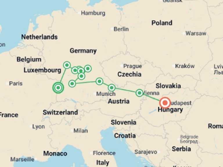 Map itinerary of Europe Tour in June 2026 with 10 destination visits for the trip: Trans-European cruise from Strasbourg to Budapest (port-to-port cruise)