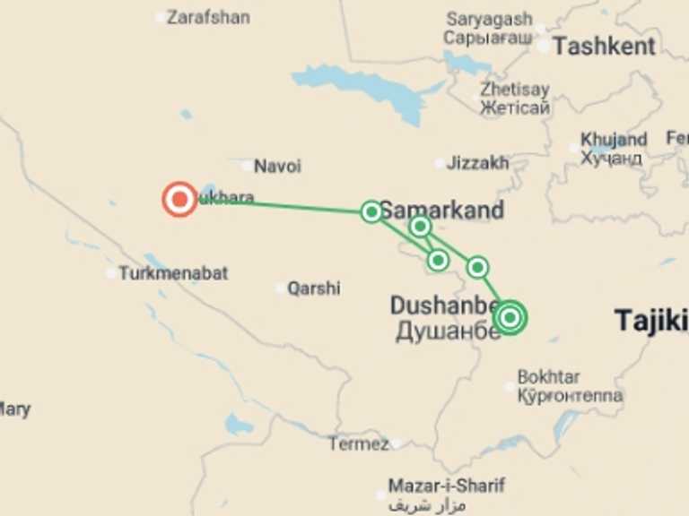 Map of Asia Tour with 6 destination visits for the trip: Highlights of Central Asia
