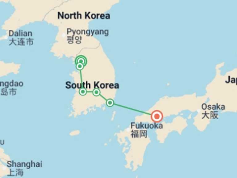 Map itinerary of Seoul Tour in January 2026 with 4 destination visits for the trip: From Seoul to Hiroshima