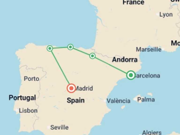 Map of Europe Tour with 5 destination visits for the trip: Classic Northern Spain - 4 days