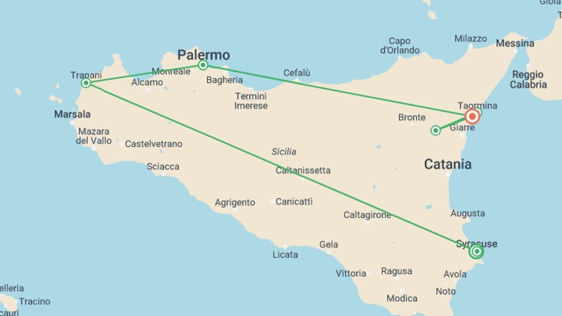 A map showing the tour itinerary for the trip: Classical Sicily, starting in Syracuse, Italy and ending in Giardini Naxos, Italy going through 5 other destinations.