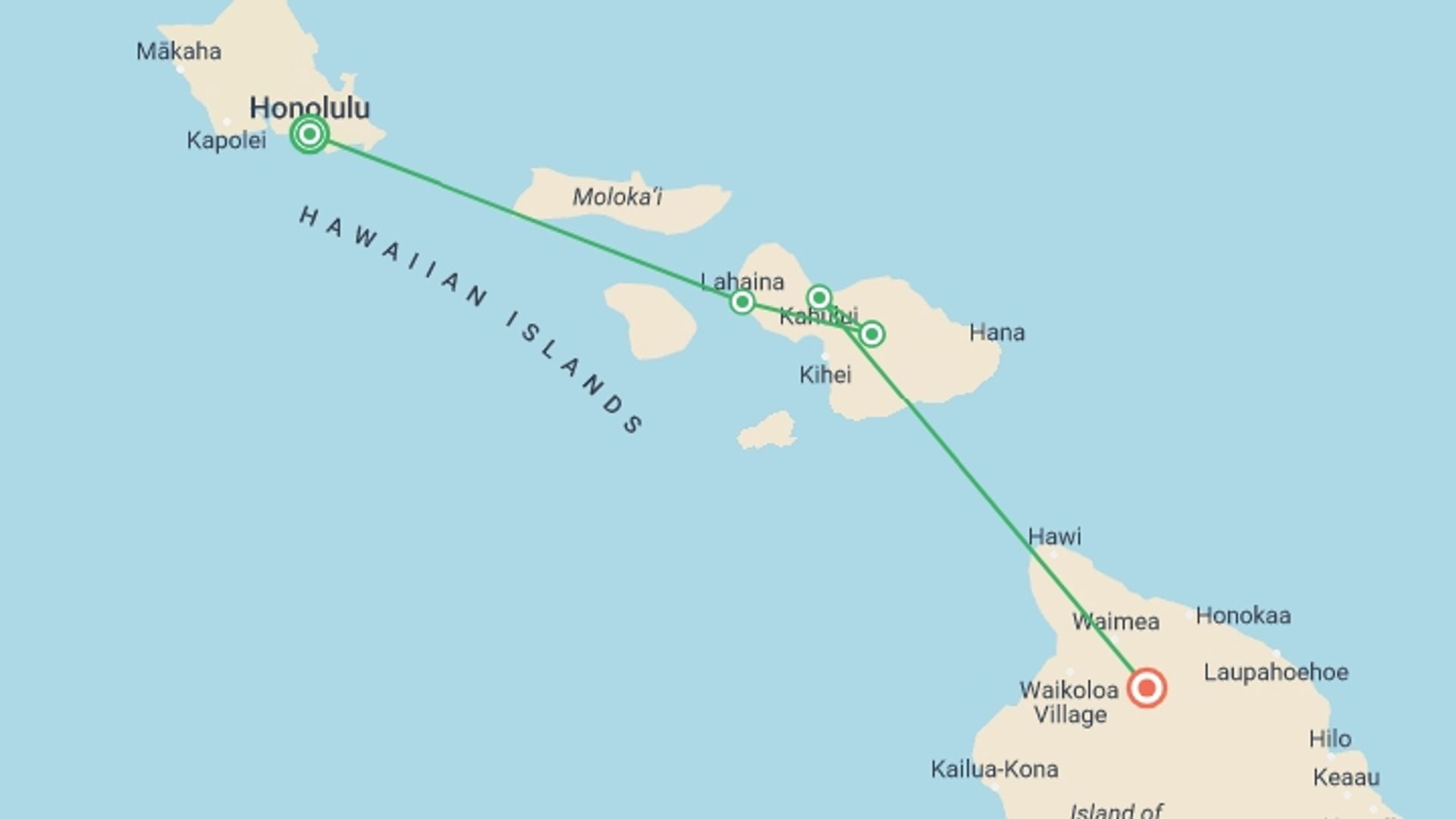 A map showing the tour itinerary for the trip: Hawaii with Oahu & Maui, starting in Honolulu, USA and ending in Hawaii, USA going through 3 other destinations.