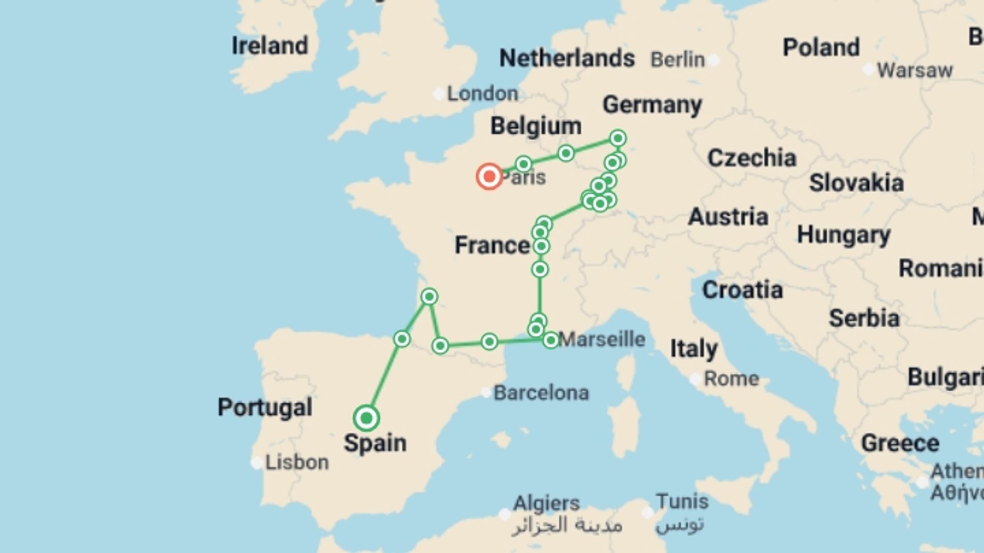 A map showing the tour itinerary for the trip: Spain, Burgundy, Alsace and Black Forest, starting in Madrid, Spain and ending in Paris, France going through 8 other destinations.