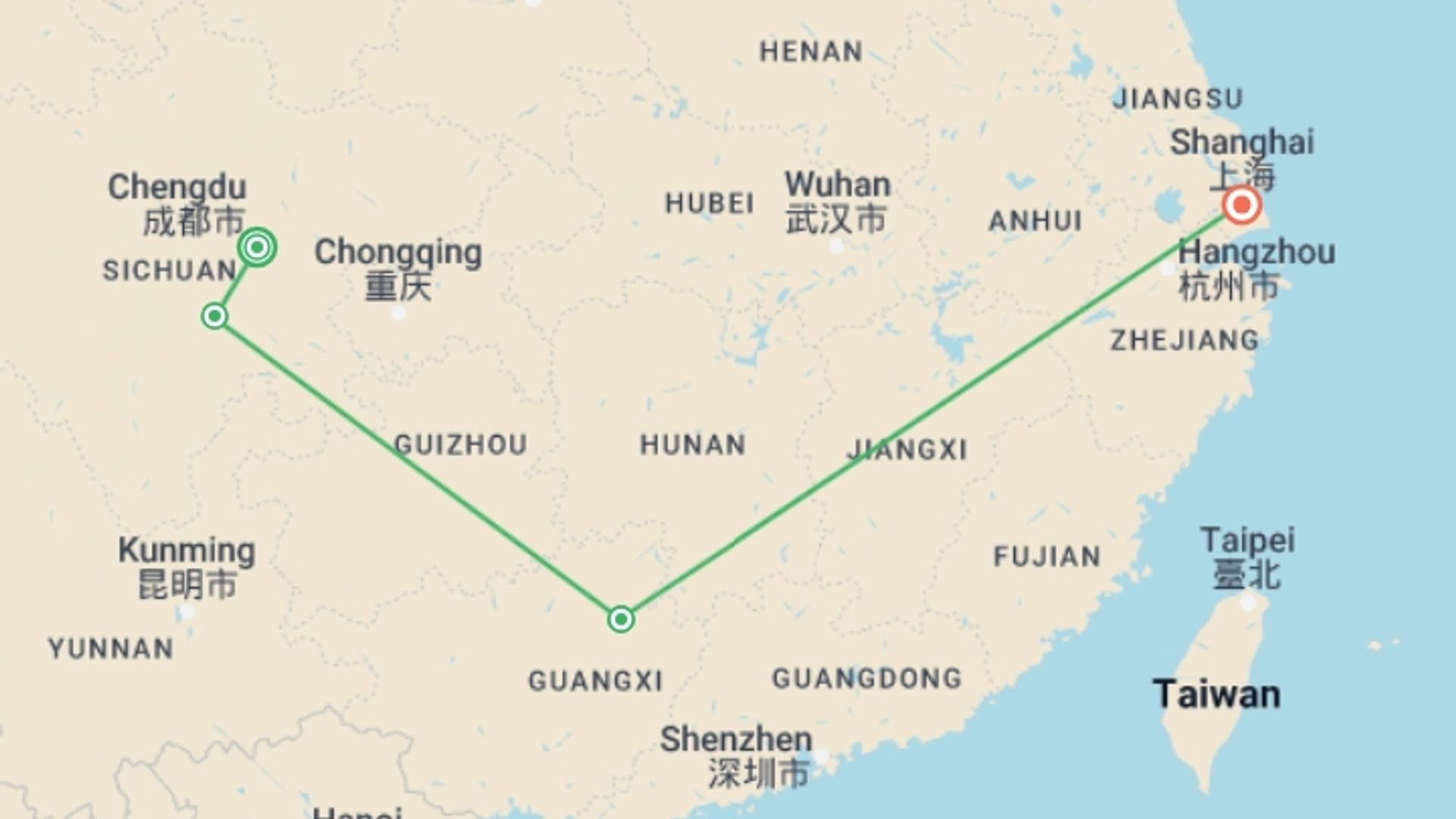 A map showing the tour itinerary for the trip: China Uncovered, starting in Chengdu, China and ending in Shanghai, China going through 2 other destinations.