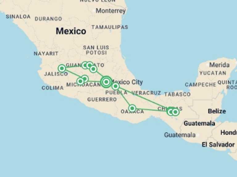 Map of Mexico Tour with 9 destination visits for the trip: Mexican dream