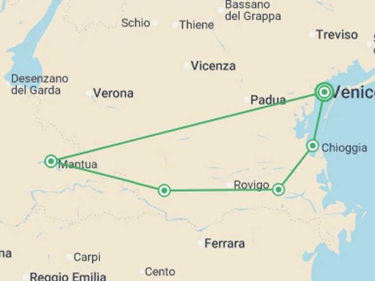 Map itinerary of Italy Tour in August 2026 with 5 destination visits for the trip: Veneto Bike & Boat