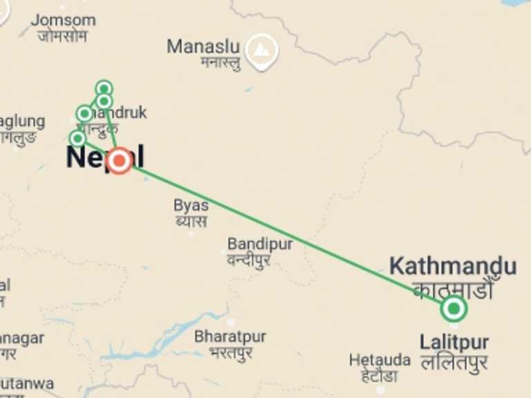 Map of Pokhara Trekking and Hiking Tour with 7 destination visits for the trip: Short Mardi Himal Trek