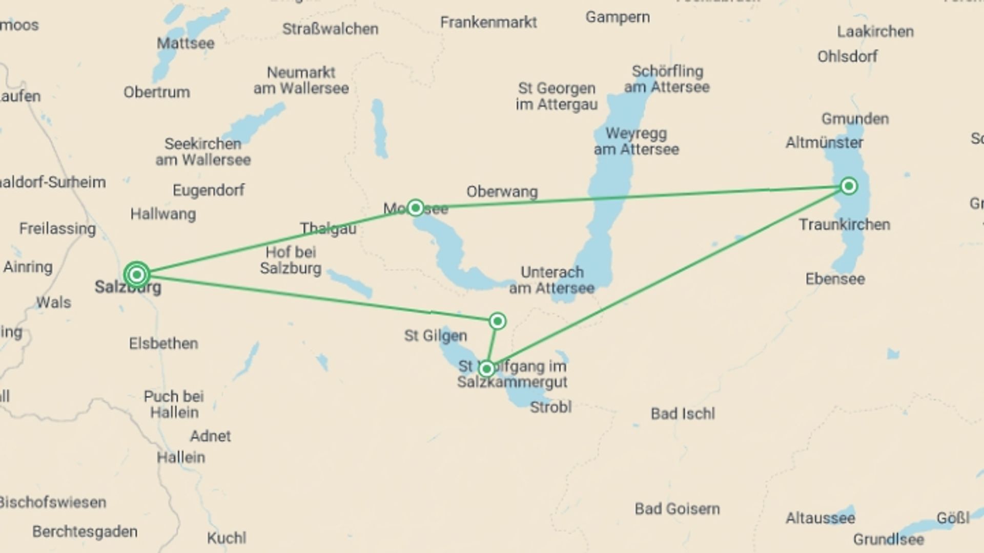 A map showing the tour itinerary for the trip: Austria's Ten Lakes Cycle in Comfort, starting in Salzburg, Austria and ending in Salzburg, Austria going through 4 other destinations.