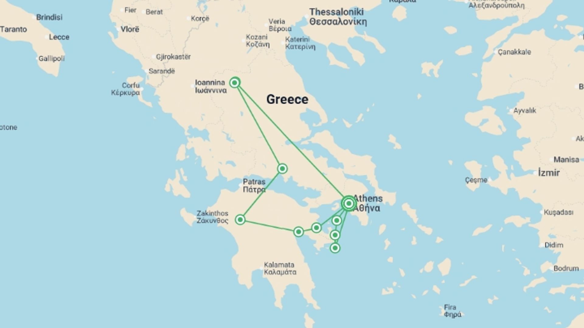 A map showing the tour itinerary for the trip: Athens, Saronic Gulf & Delphi - 8 days, starting in Athens, Greece and ending in Athens, Greece going through 3 other destinations.
