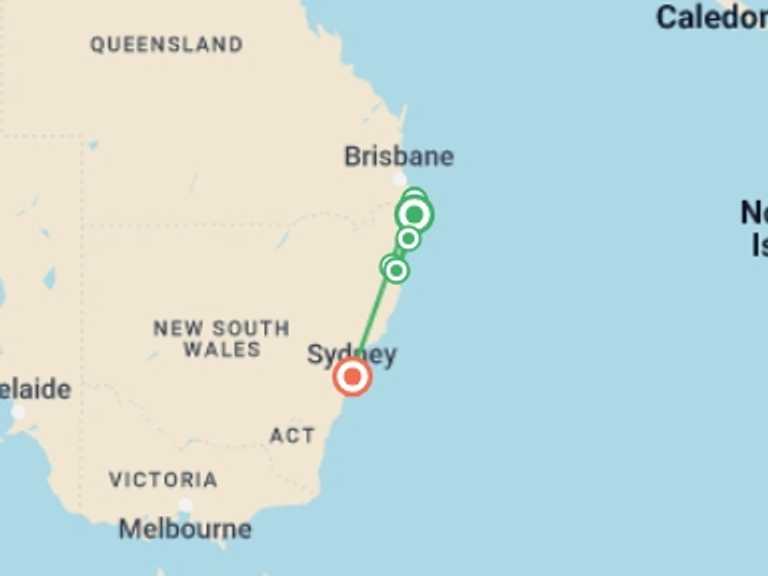 Map itinerary of Sydney and NSW Tour in January 2027 with 7 destination visits for the trip: Sydney to Brisbane Adventure