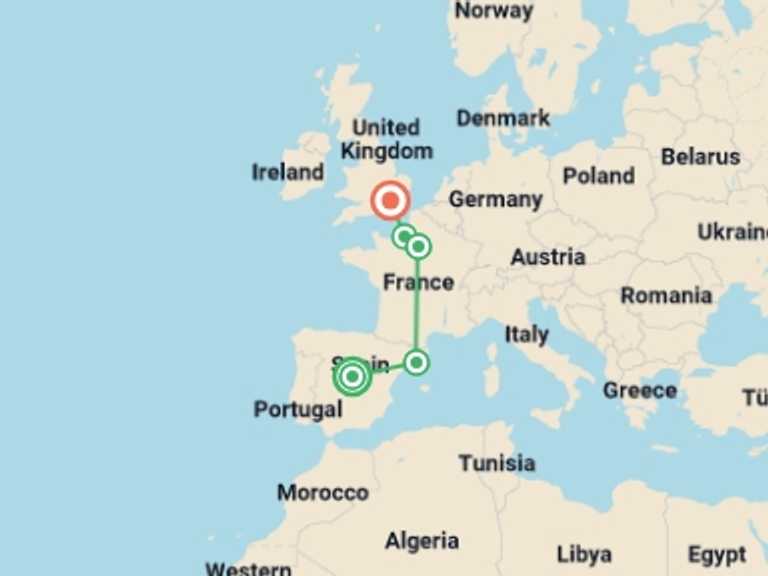 Map of Europe Cultural, religious and historic sites Tour with 5 destination visits for the trip: A Virtuous Line
