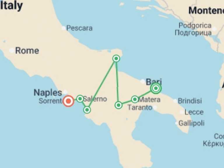 Map itinerary of Sorrento Tour in May 2026 with 7 destination visits for the trip: Italy Coast to Coast by E-bike: Puglia to Amalfi Coast
