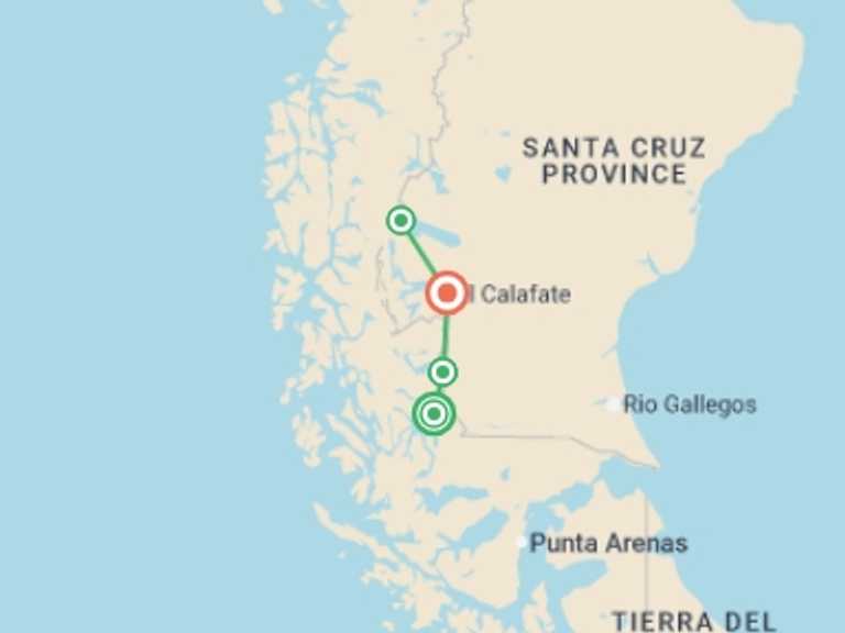 Map itinerary of Puerto Natales Tour in December 2026 with 4 destination visits for the trip: Patagonia: Torres del Paine & Los Glaciares National Park