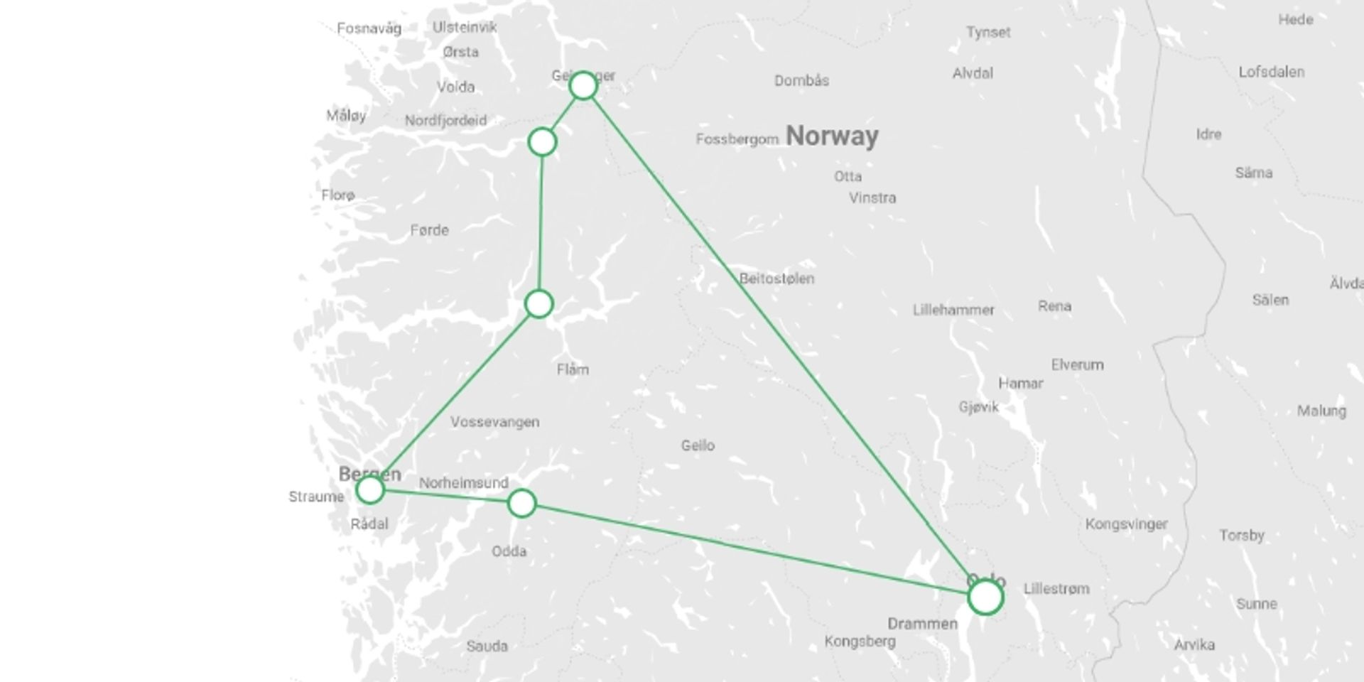 A map showing the tour itinerary for the trip: Norwegian Fjords and Mountains Self Drive, starting in Oslo, Norway and ending in Oslo, Norway going through 3 other destinations.