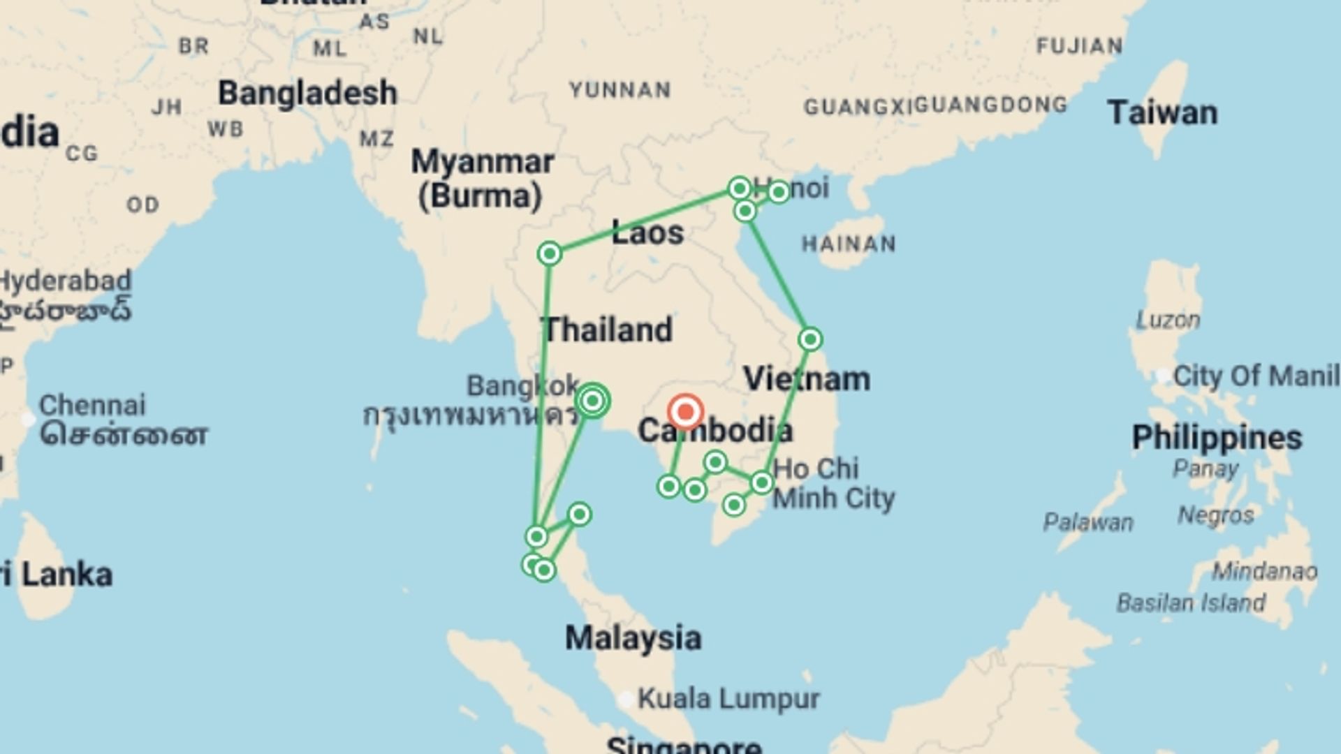 A map showing the tour itinerary for the trip: Thailand, Vietnam & Cambodia Adventure - 38 days, starting in Bangkok, Thailand and ending in Siem Reap, Cambodia going through 14 other destinations.