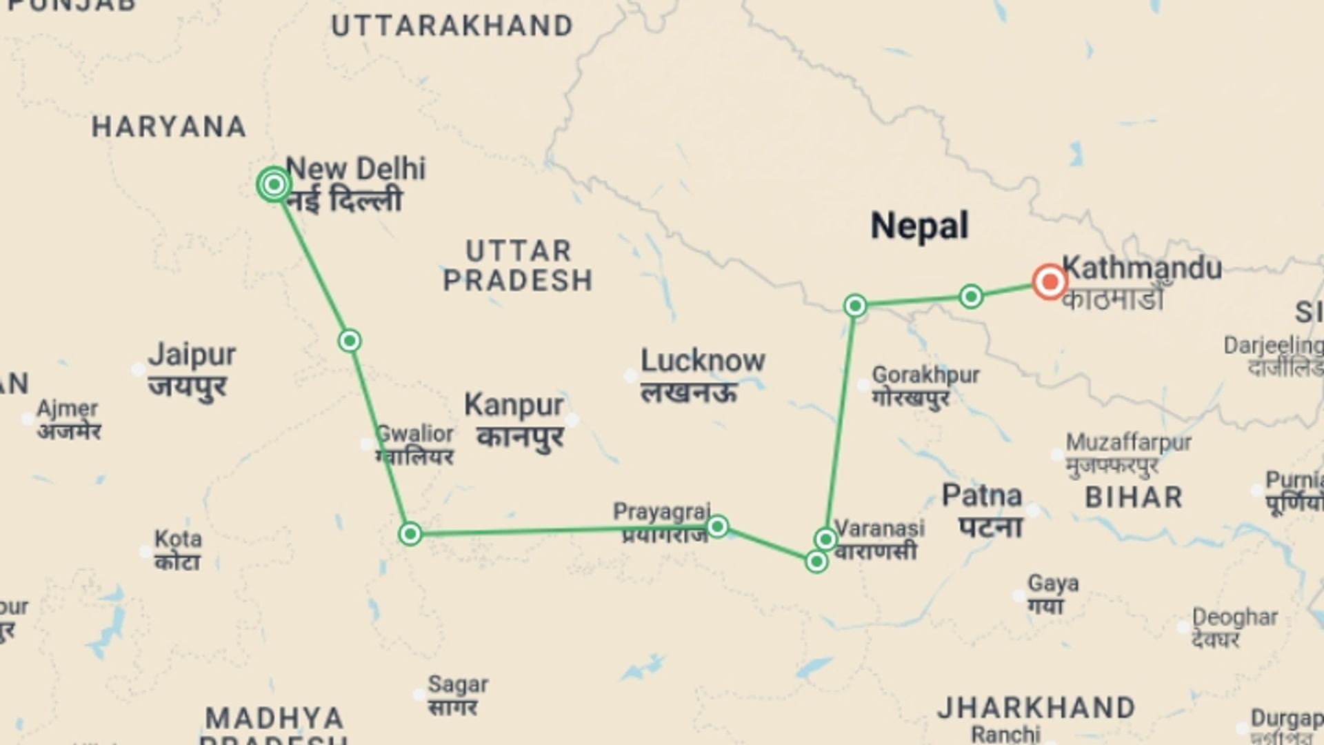 A map showing the tour itinerary for the trip: Delhi to Kathmandu, starting in New Delhi, India and ending in Kathmandu, Nepal going through 7 other destinations.