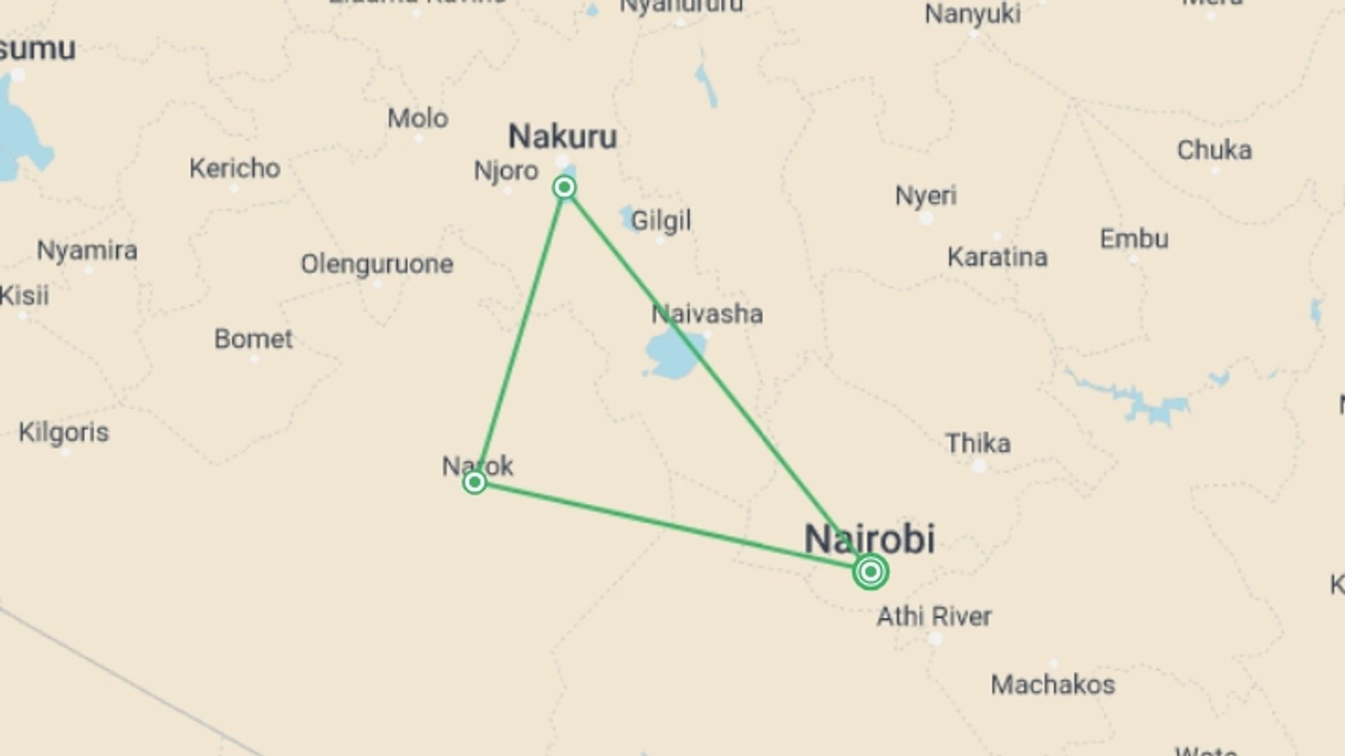 A map showing the tour itinerary for the trip: 4-Days Masai Mara & Lake Nakuru Safari - All Inclusive, starting in Nairobi, Kenya and ending in Nairobi, Kenya going through 3 other destinations.