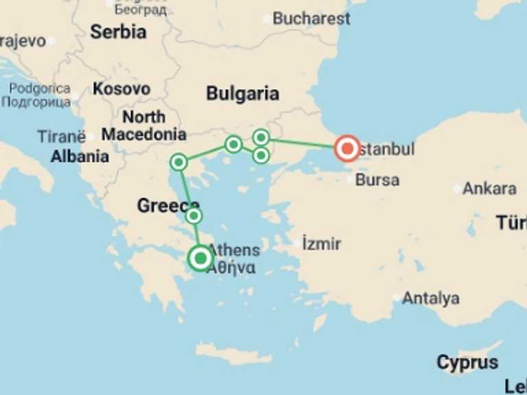 Map itinerary of Balkans Tour in Spring with 7 destination visits for the trip: Greece & Turkey Adventure: Athens to Istanbul