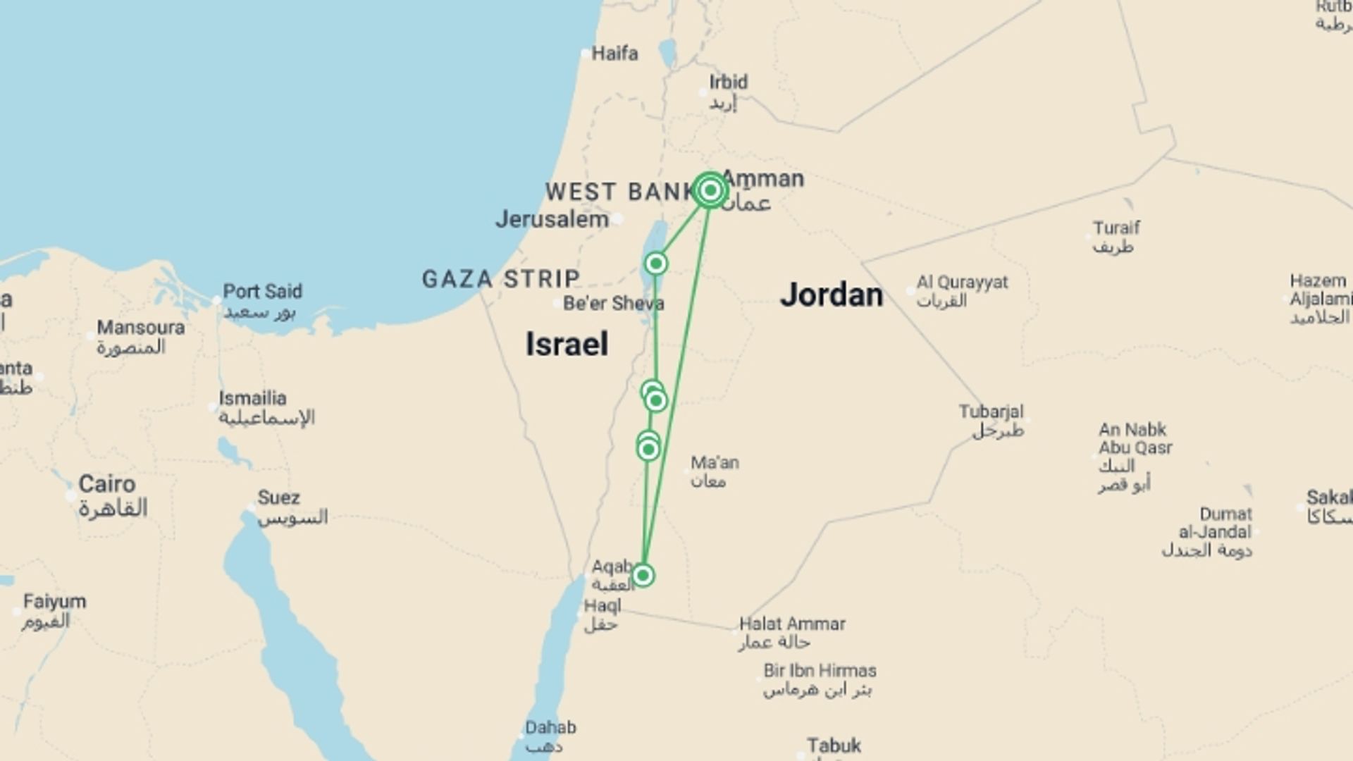 A map showing the tour itinerary for the trip: Premium Walking and Hiking Jordan (Petra, Wadi Rum & the Dead Sea), starting in Amman, Jordan and ending in Amman, Jordan going through 4 other destinations.