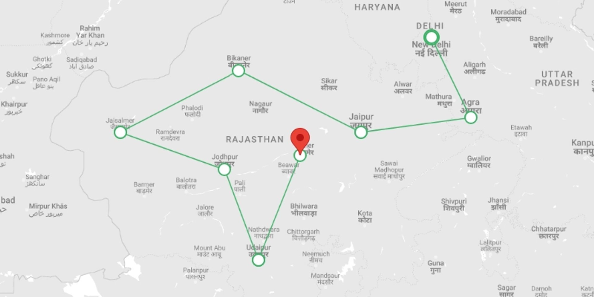 A map showing the tour itinerary for the trip: PREMIUM INDIA TOUR: SPLENDID JOURNEY ACROSS INDIA, starting in undefined, India and ending in undefined, India going through 2 other destinations.