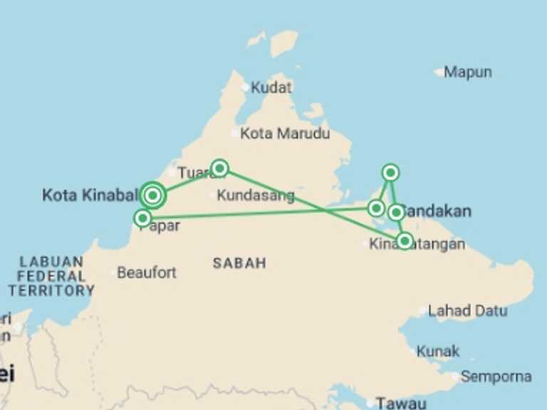 Map itinerary of South East Asia Tour in August 2026 with 7 destination visits for the trip: Borneo Family Holiday