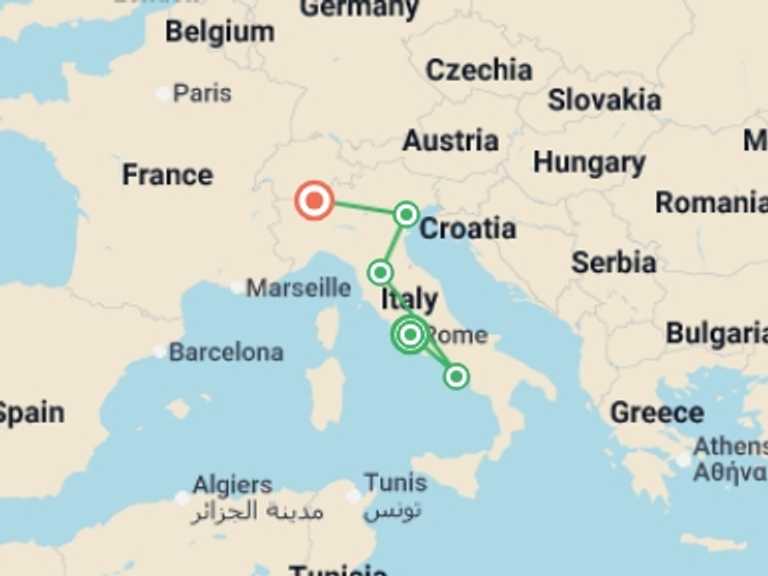 Map itinerary of Europe Tour in March 2026 with 6 destination visits for the trip: Italian Vistas 
