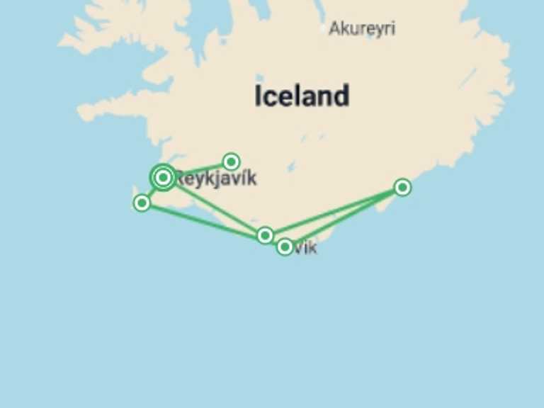 Map of Northern Europe Explorer Tour with 6 destination visits for the trip: South Iceland & Reykjavík Solar Eclipse Break - 8 days