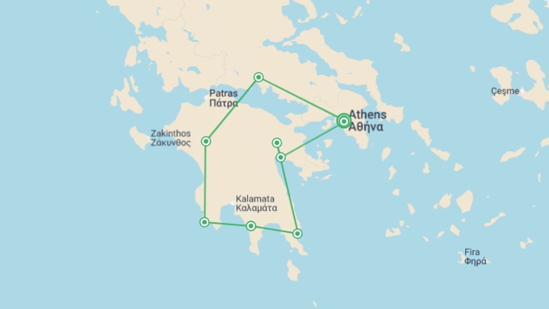 A map showing the tour itinerary for the trip: Peloponnese Explorer, starting in Athens, Greece and ending in Athens, Greece going through 8 other destinations.