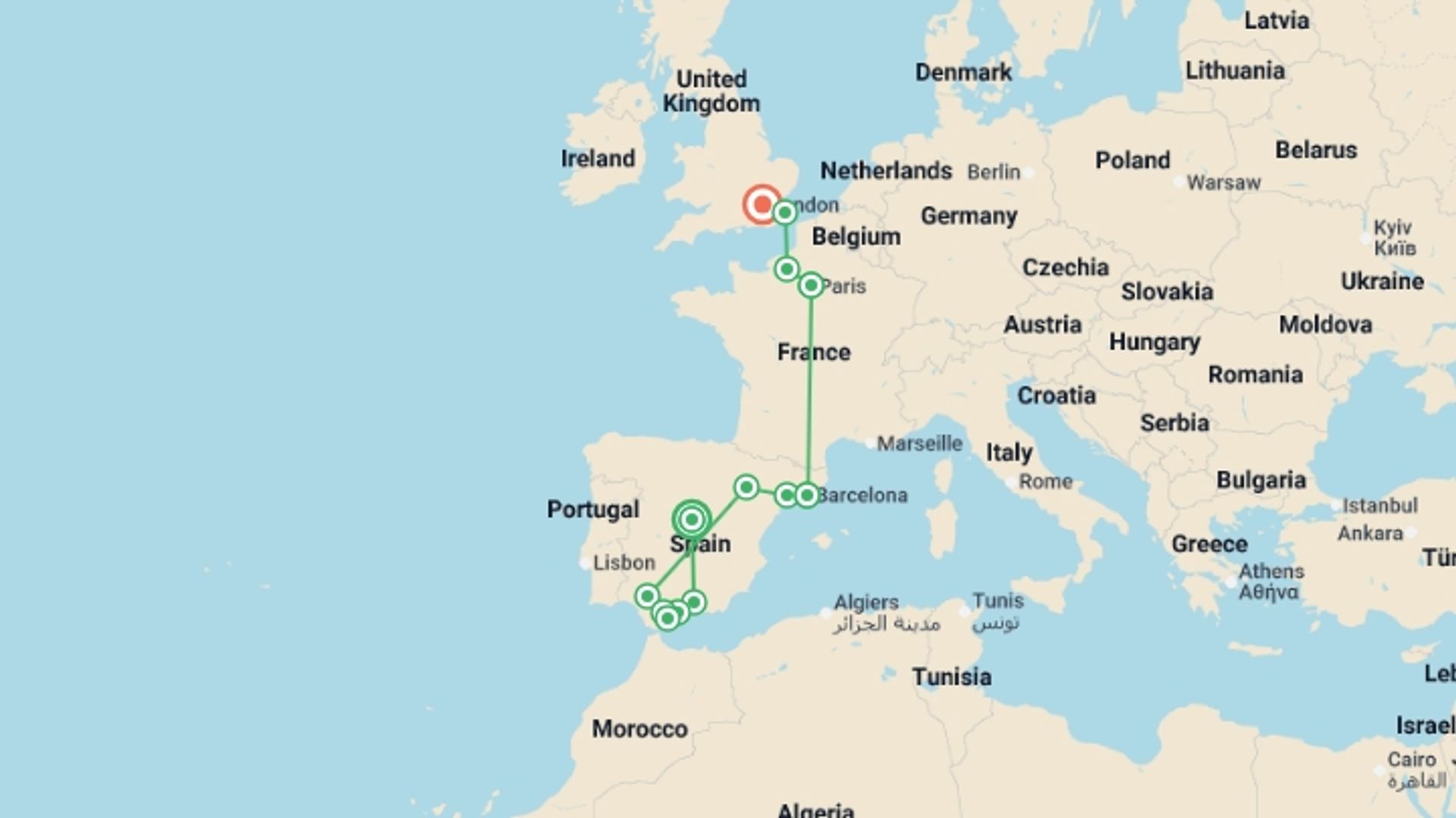 A map showing the tour itinerary for the trip: European Grandeur, starting in Madrid, Spain and ending in London, England going through 6 other destinations.