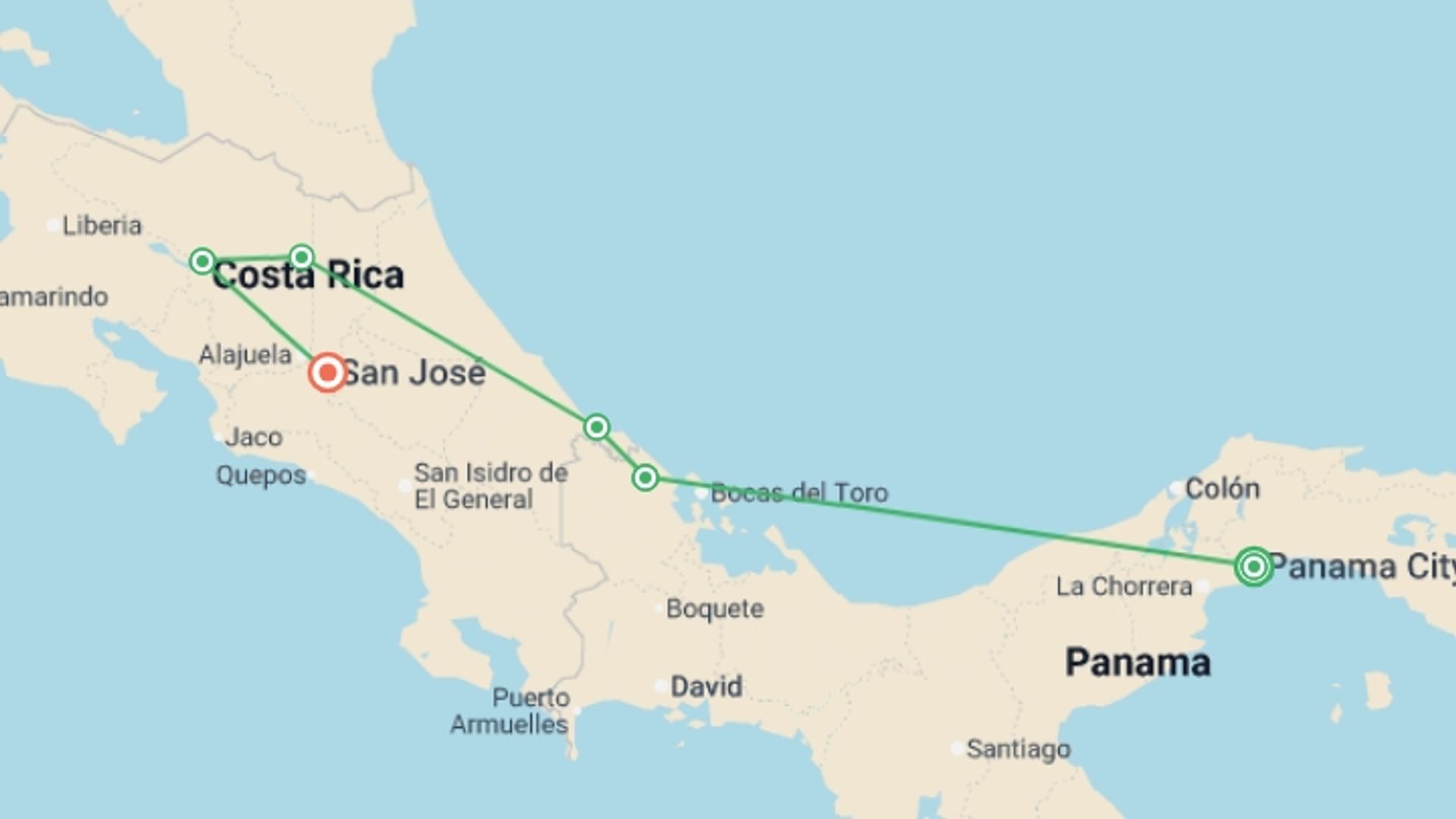 A map showing the tour itinerary for the trip: Panama & Costa Rica: Caribbean Coasts, Rainforests & Volcanoes (multi County), starting in Panama City, Panama and ending in San Jose, Costa Rica going through 4 other destinations.