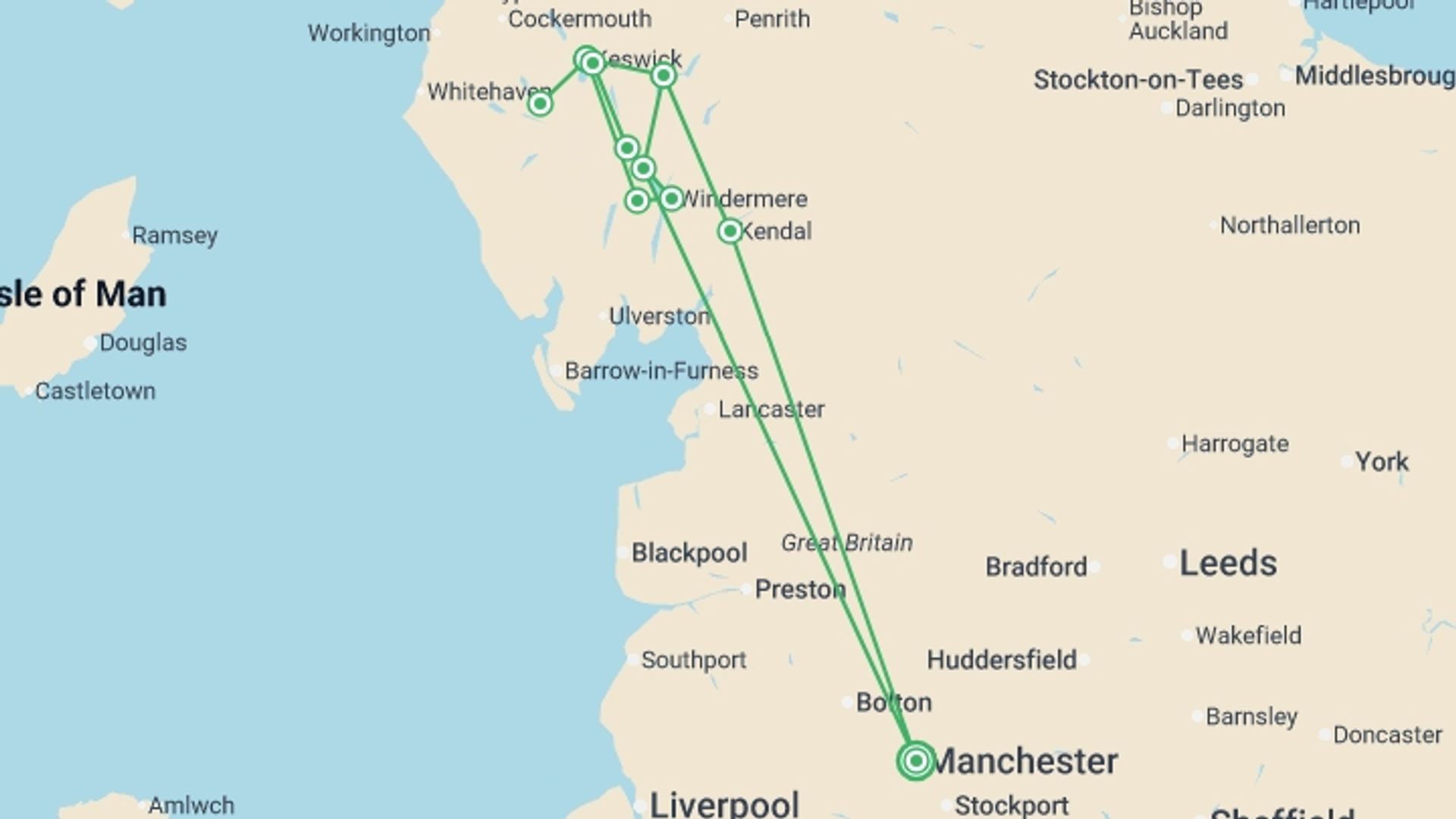 A map showing the tour itinerary for the trip: Lake District From Manchester (Hotel) - 3 days, starting in Manchester, England and ending in Manchester, England going through 1 other destinations.