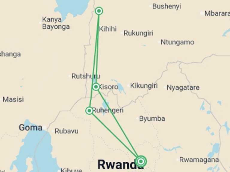 Map itinerary of Kigali Tour in Fall with 4 destination visits for the trip: Remarkable Rwanda & Gorillas of Uganda