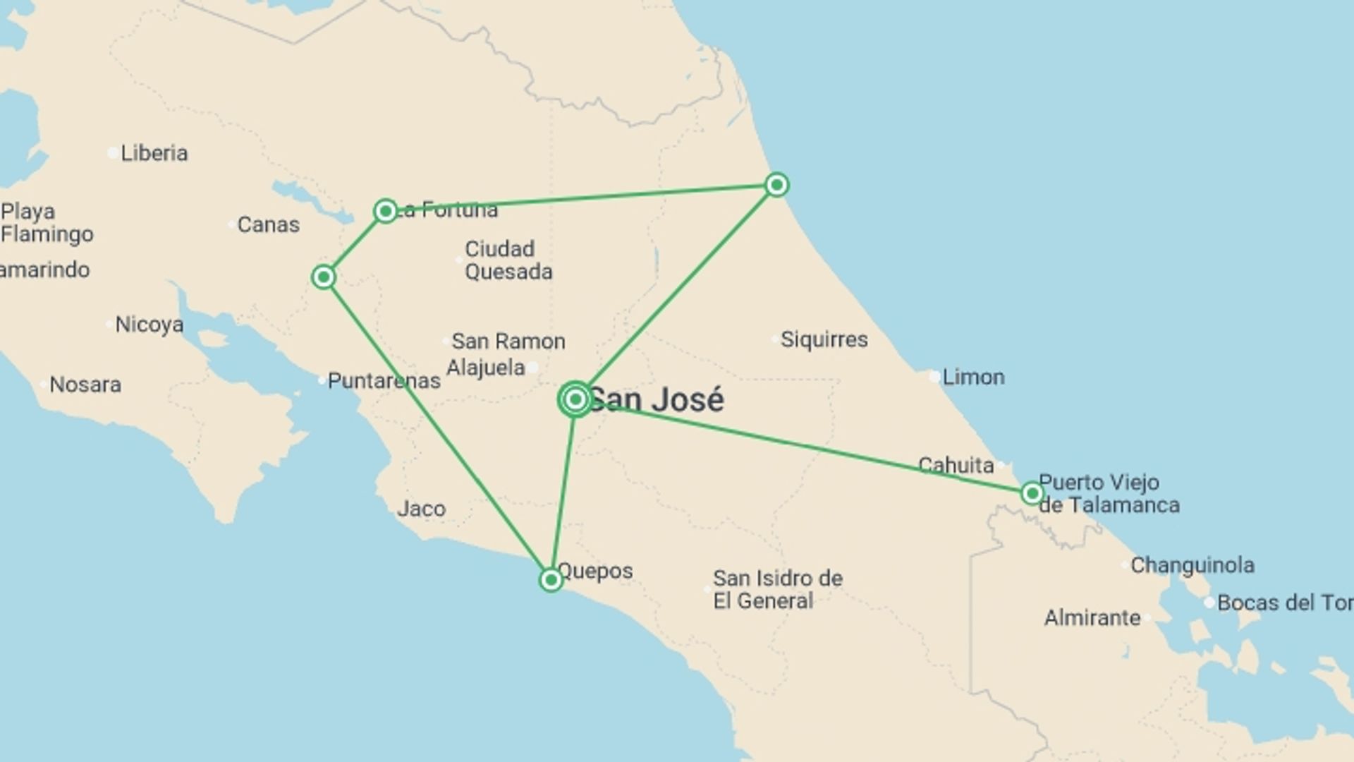 A map showing the tour itinerary for the trip: Costa Rica Circuit Travel Pass, starting in San Jose, Costa Rica and ending in San Jose, Costa Rica going through 5 other destinations.