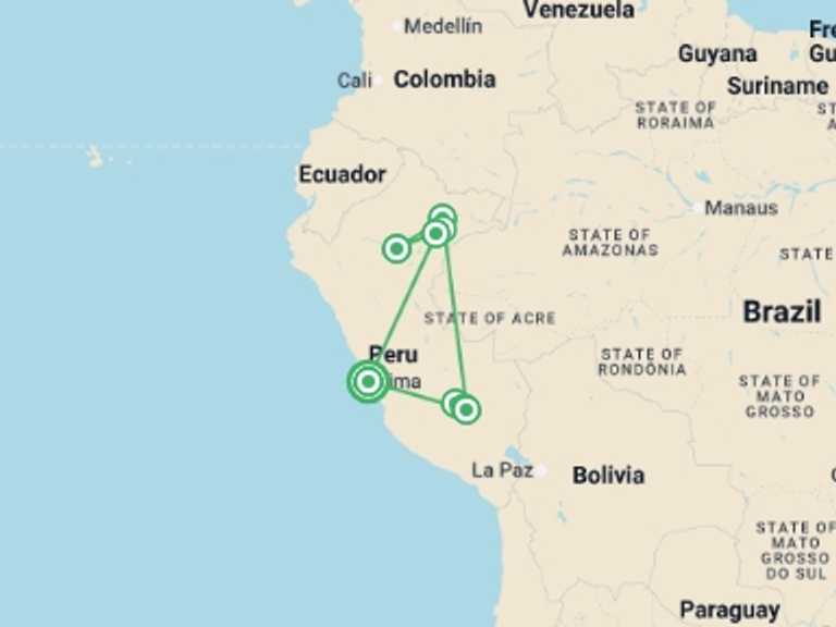 Map itinerary of South America Tour in January 2027 with 7 destination visits for the trip: Peruvian Amazon & Machu Picchu Exploration (2027)