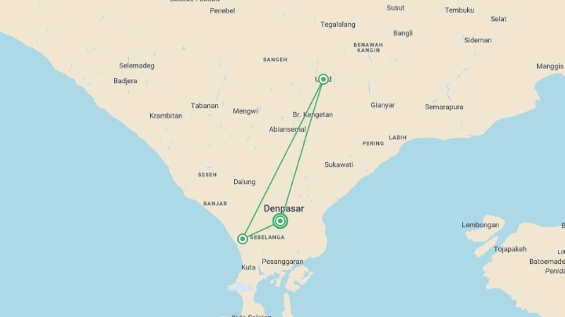 A map showing the tour itinerary for the trip: Romance Of Bali, Private Tour, starting in Denpasar, Indonesia and ending in Denpasar, Indonesia going through 2 other destinations.