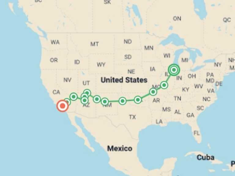Map of 15-Day USA Tour with 12 destination visits for the trip: Chicago, Oklahoma to Las Vegas - 15 days 