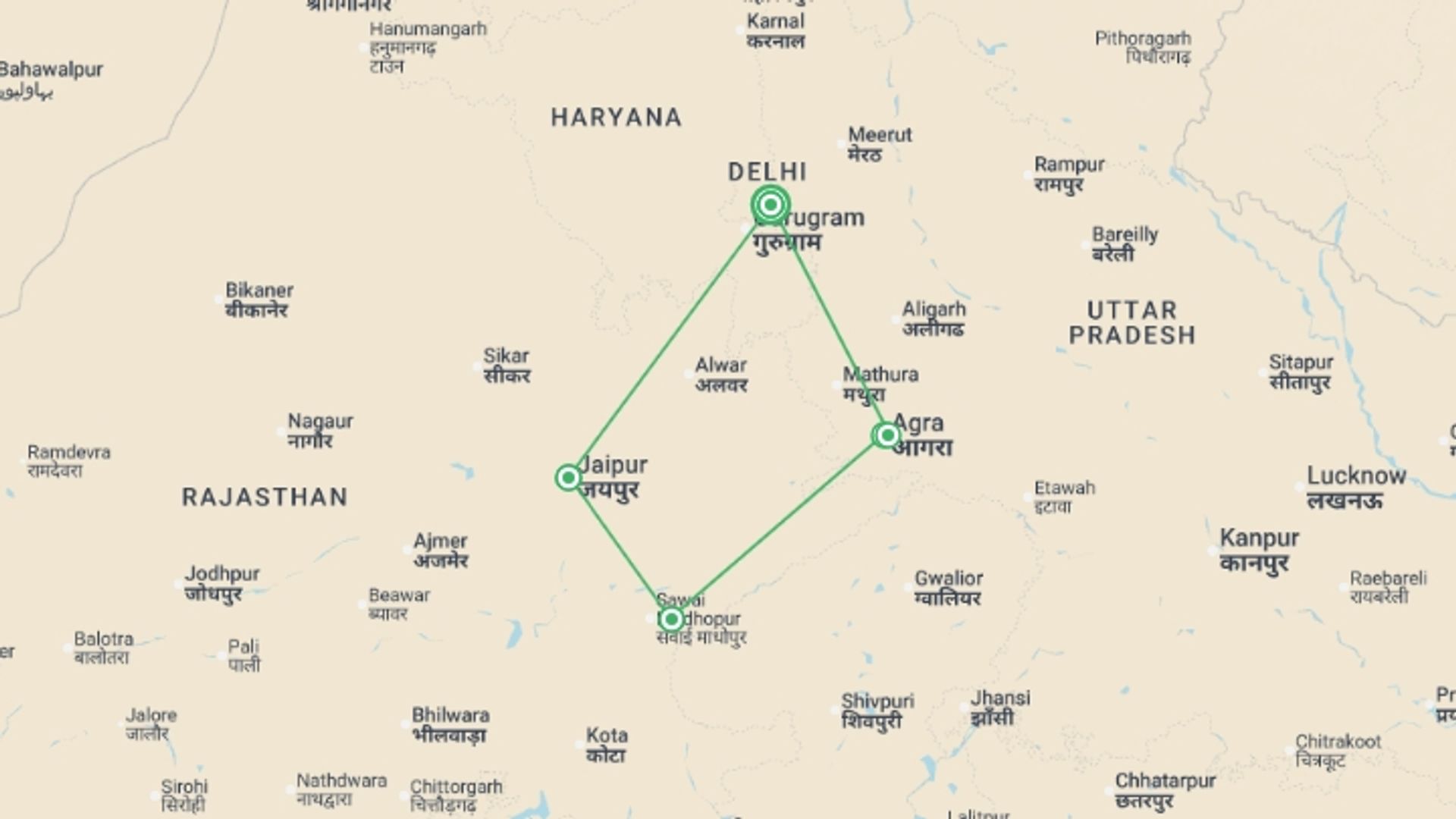 A map showing the tour itinerary for the trip: India’s Taj Mahal and Tigers - Premium Adventure, starting in New Delhi, India and ending in New Delhi, India going through 4 other destinations.