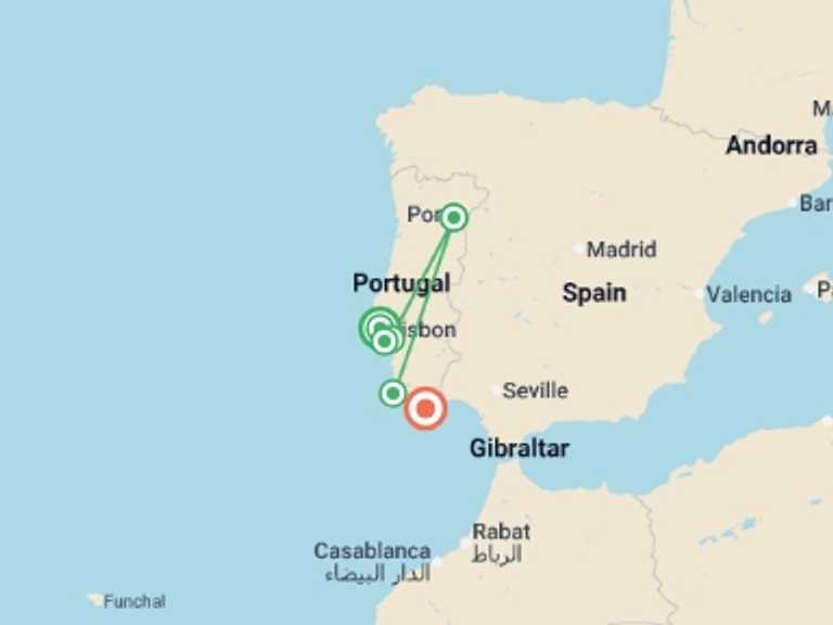 Map itinerary of Europe Tour in April 2026 with 6 destination visits for the trip: Cycle Portugal - Lisbon to Algarve