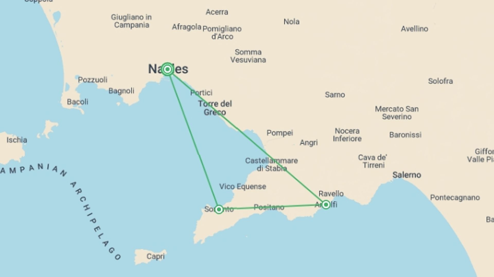 A map showing the tour itinerary for the trip: Exploring the Amalfi Coast, starting in Naples, Italy and ending in Naples, Italy going through 2 other destinations.