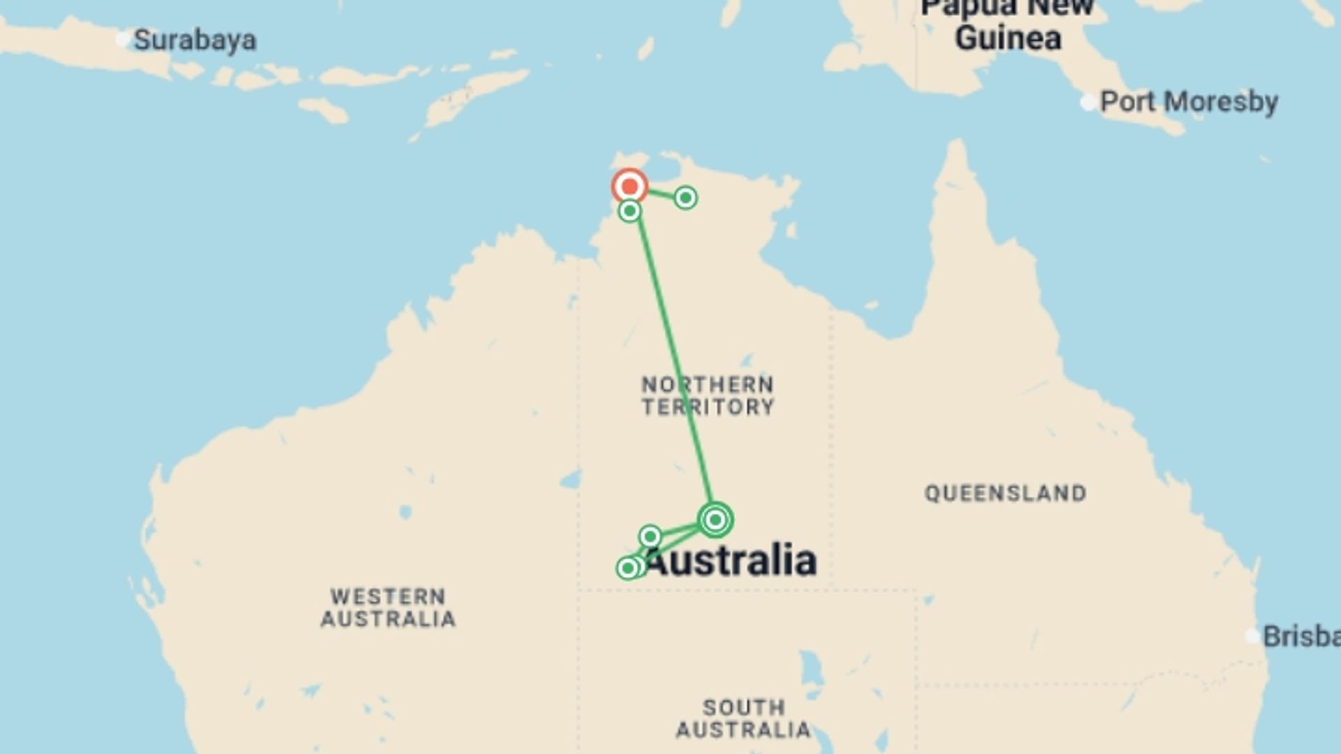 A map showing the tour itinerary for the trip: Best of Northern Territory, starting in Alice Springs, Australia and ending in Darwin, Australia going through 3 other destinations.