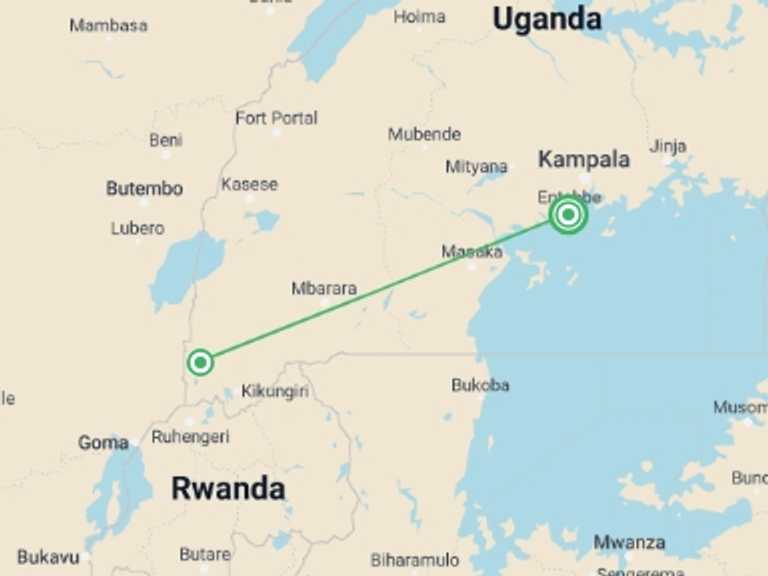 Map of a Gorilla and chimpanzee tracking Tour with 2 destination visits for the trip:  3 days Bwindi Gorilla Tracking Safari