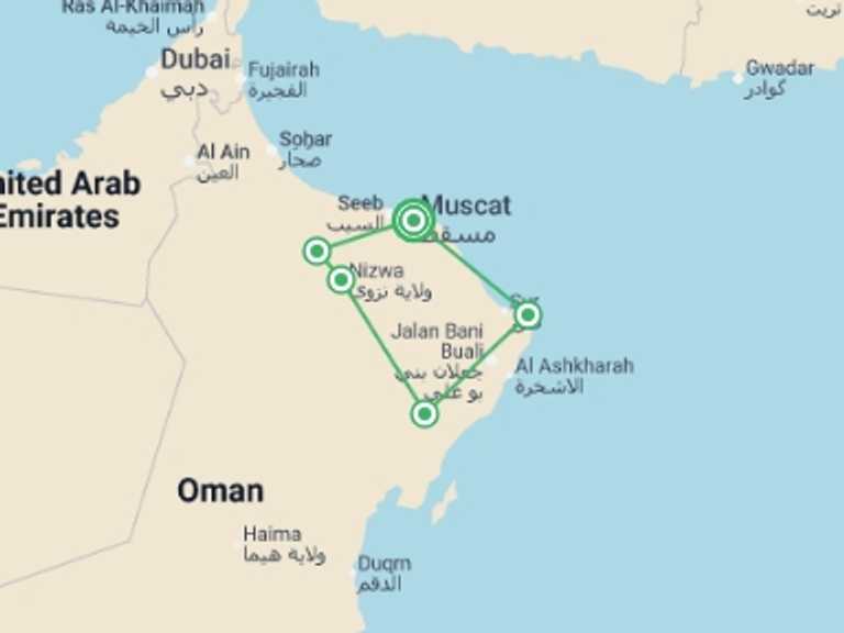 Map itinerary of Asia Tour in November 2025 with 5 destination visits for the trip: Discover Oman