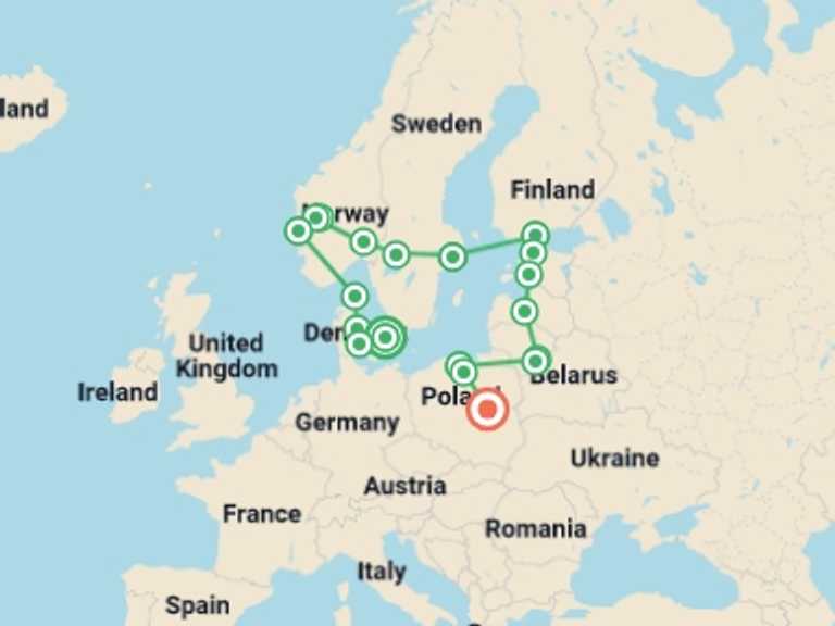 Map itinerary of Europe Tour in December 2026 with 12 destination visits for the trip: Best of Scandinavia & the Baltics Christmas & New Year