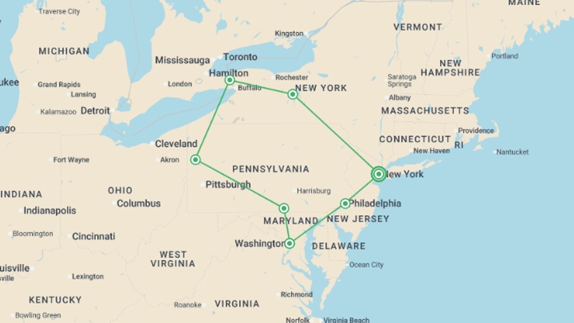 A map showing the tour itinerary for the trip: Great Eastern Cities, starting in New York, USA and ending in New York, USA going through 4 other destinations.