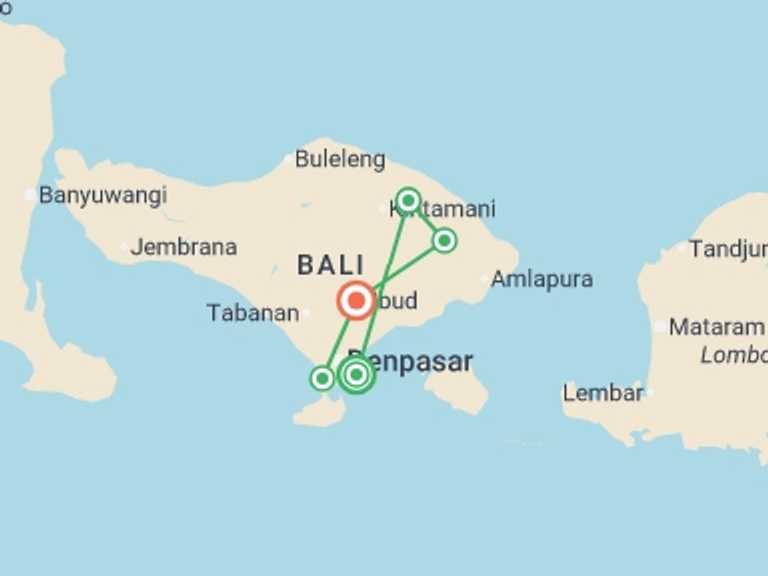 Map itinerary of Kuta Tour in Fall with 5 destination visits for the trip: Bali Mountain Biking Adventure
