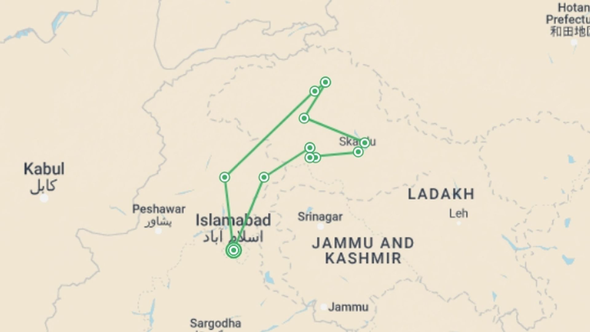 A map showing the tour itinerary for the trip: Karakorum Highlights, starting in Islamabad, Pakistan and ending in Islamabad, Pakistan going through 11 other destinations.