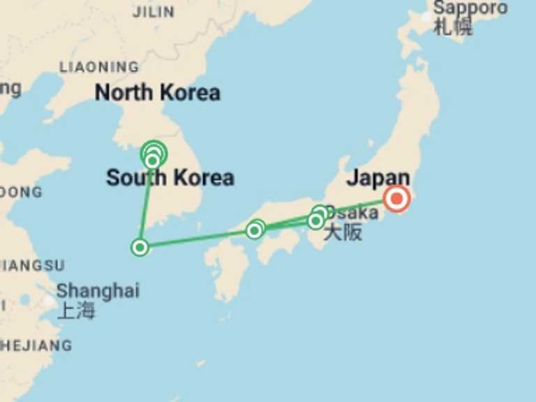 Map itinerary of Asia Tour in August 2026 with 7 destination visits for the trip: Japan & South Korea Tour